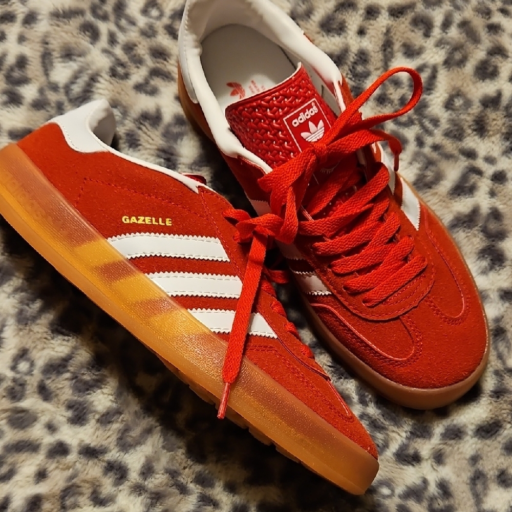 adidas Red Suede Gazelle Sneakers with White Stripes and Gum Sole - Picture 2 of 5